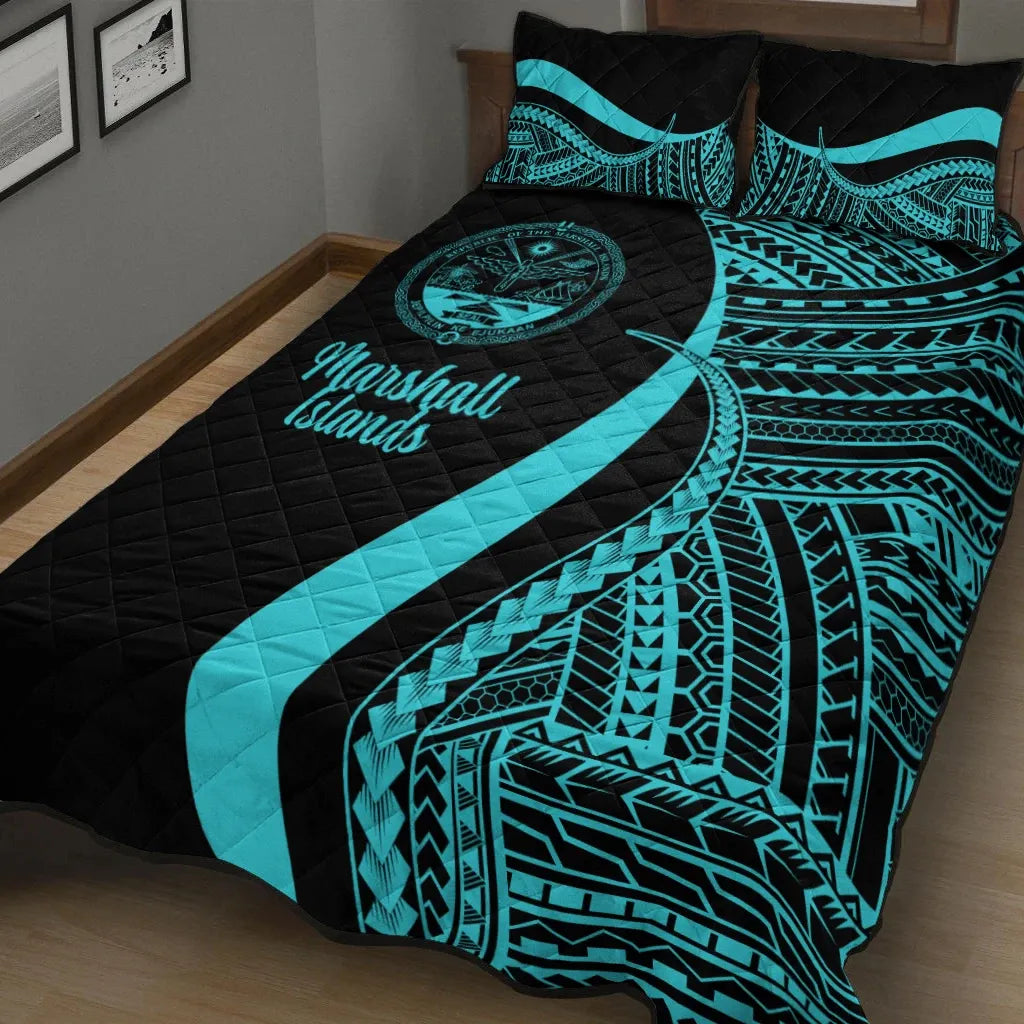 Marshall Islands Quilt Bed Set - Turquoise Polynesian Tentacle Tribal Pattern Crest