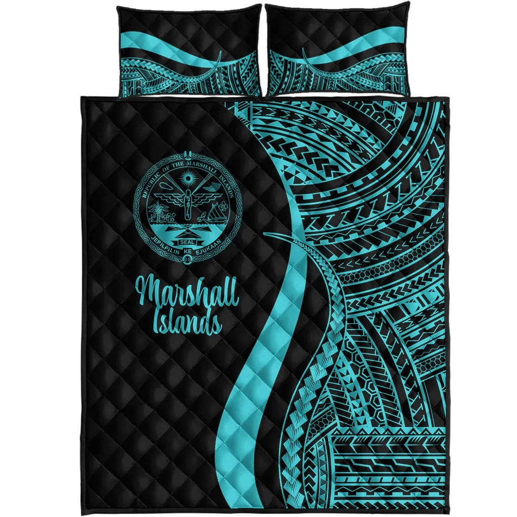 Marshall Islands Quilt Bed Set - Turquoise Polynesian Tentacle Tribal Pattern Crest