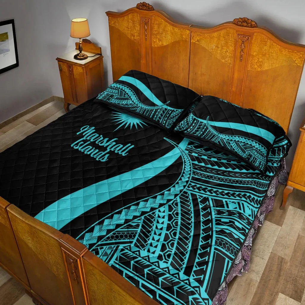 Marshall Islands Quilt Bed Set - Turquoise Polynesian Tentacle Tribal Pattern