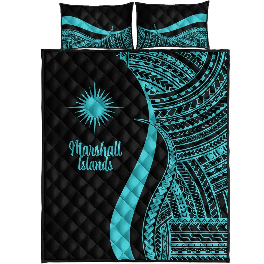 Marshall Islands Quilt Bed Set - Turquoise Polynesian Tentacle Tribal Pattern
