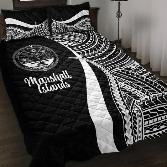 Marshall Islands Quilt Bed Set - White Polynesian Tentacle Tribal Pattern Crest