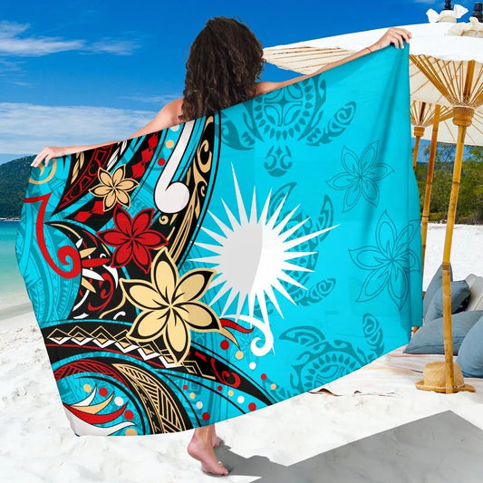 Marshall Islands Sarong - Tribal Flower With Special Turtles Blue Color