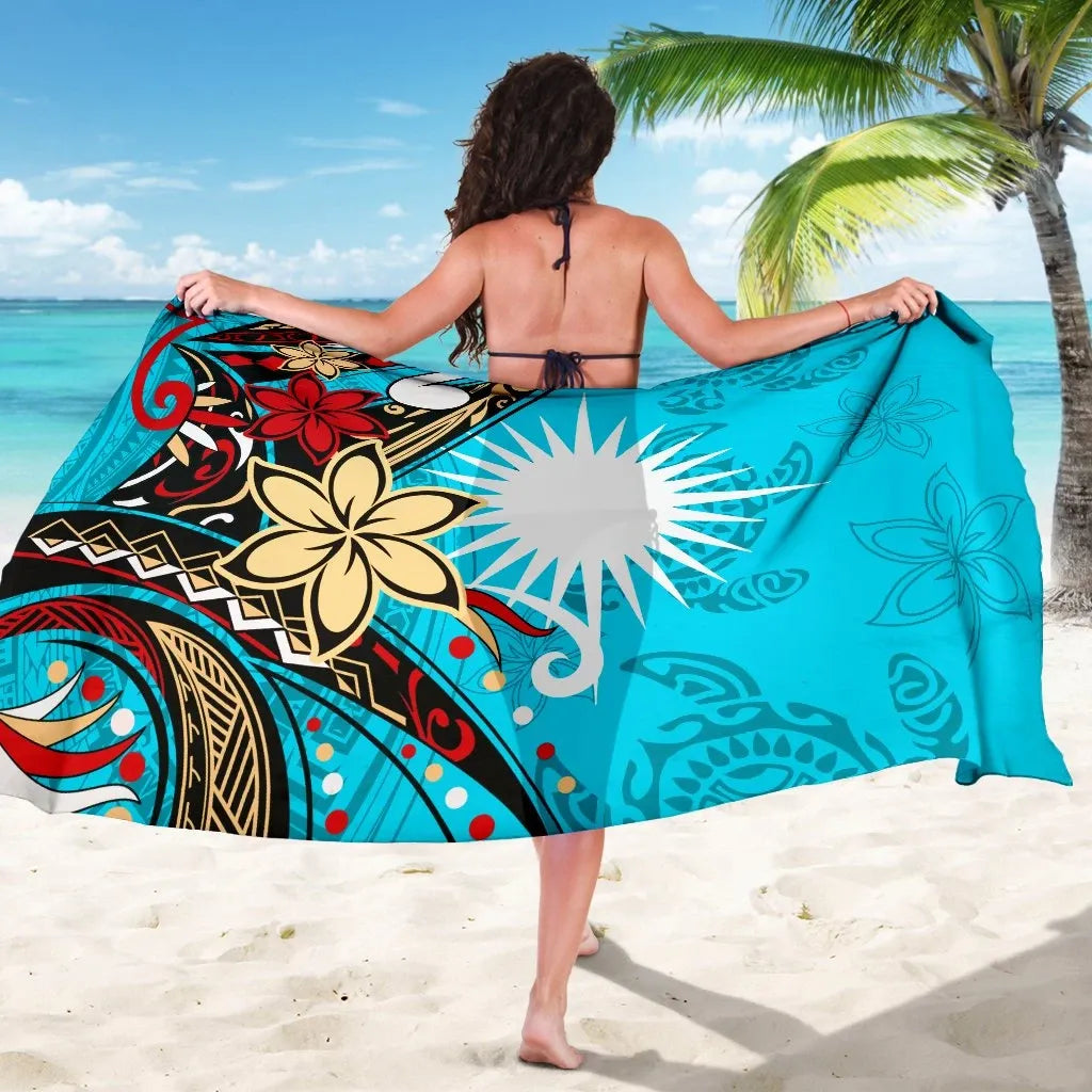 Marshall Islands Sarong - Tribal Flower With Special Turtles Blue Color