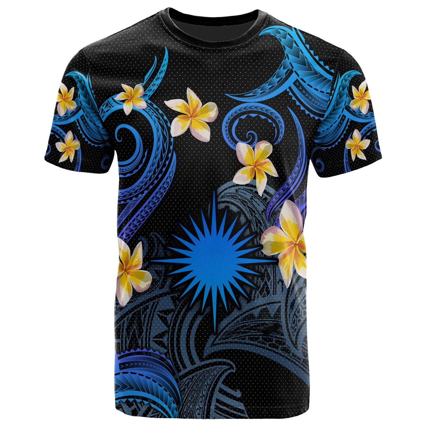 Marshall Islands T-shirt - Custom Personalised Polynesian Waves with Plumeria Flowers (Blue)