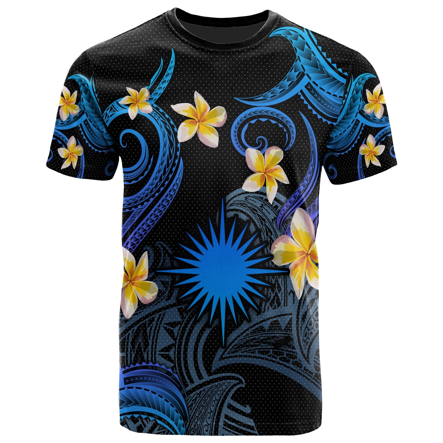 Marshall Islands T-shirt - Custom Personalised Polynesian Waves with Plumeria Flowers (Blue)
