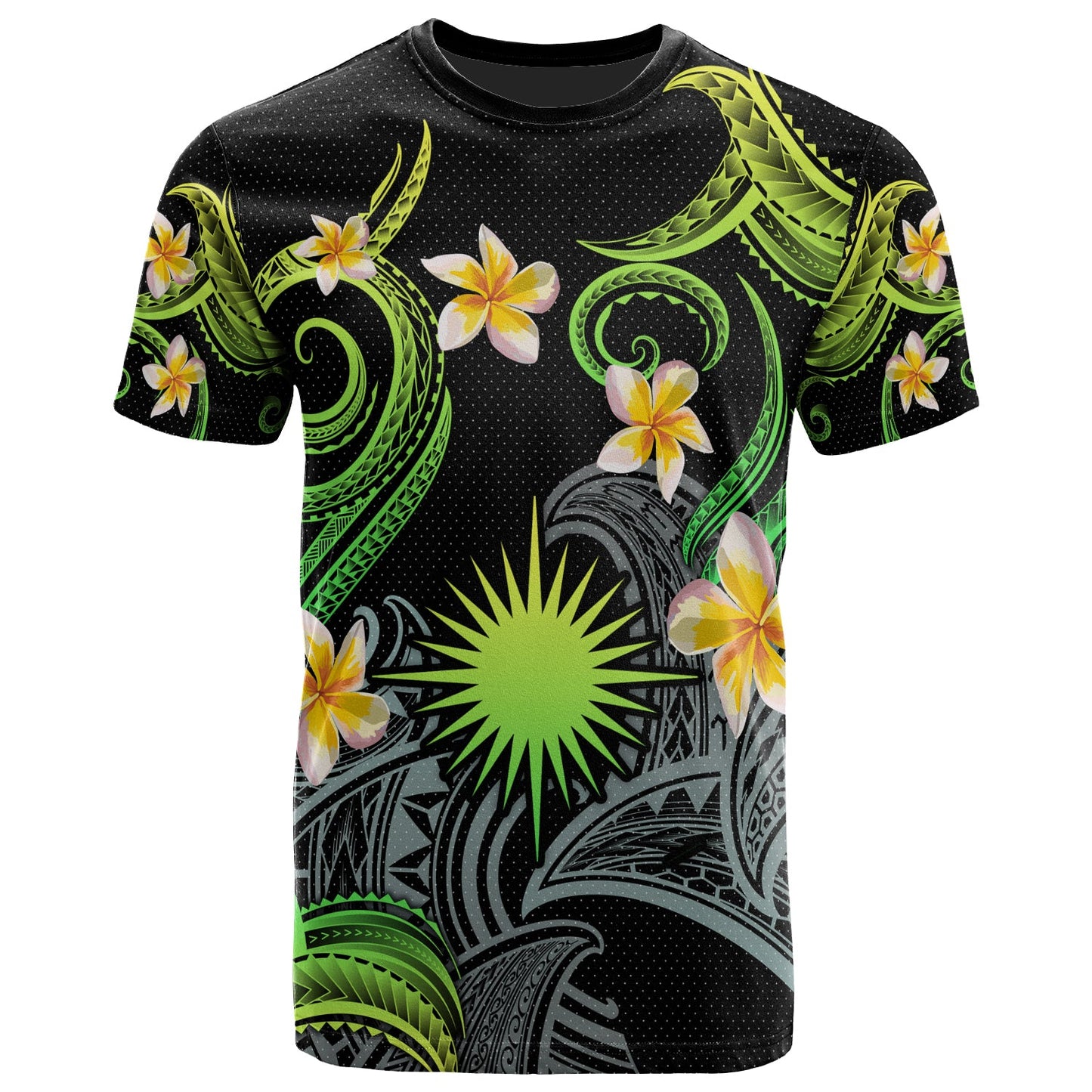 Marshall Islands T-shirt - Custom Personalised Polynesian Waves with Plumeria Flowers (Green)