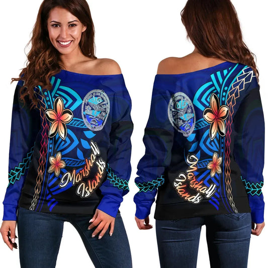 Marshall Islands Women Off Shoulder Sweater - Vintage Tribal Mountain Crest