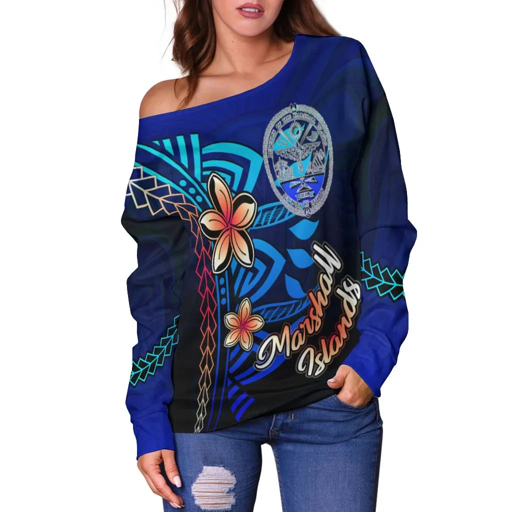 Marshall Islands Women Off Shoulder Sweater - Vintage Tribal Mountain Crest