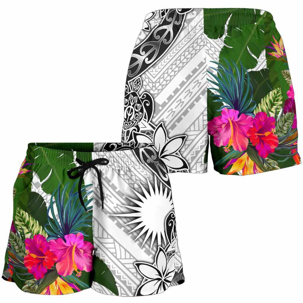 Marshall Islands Women Shorts White - Turtle Plumeria Banana Leaf
