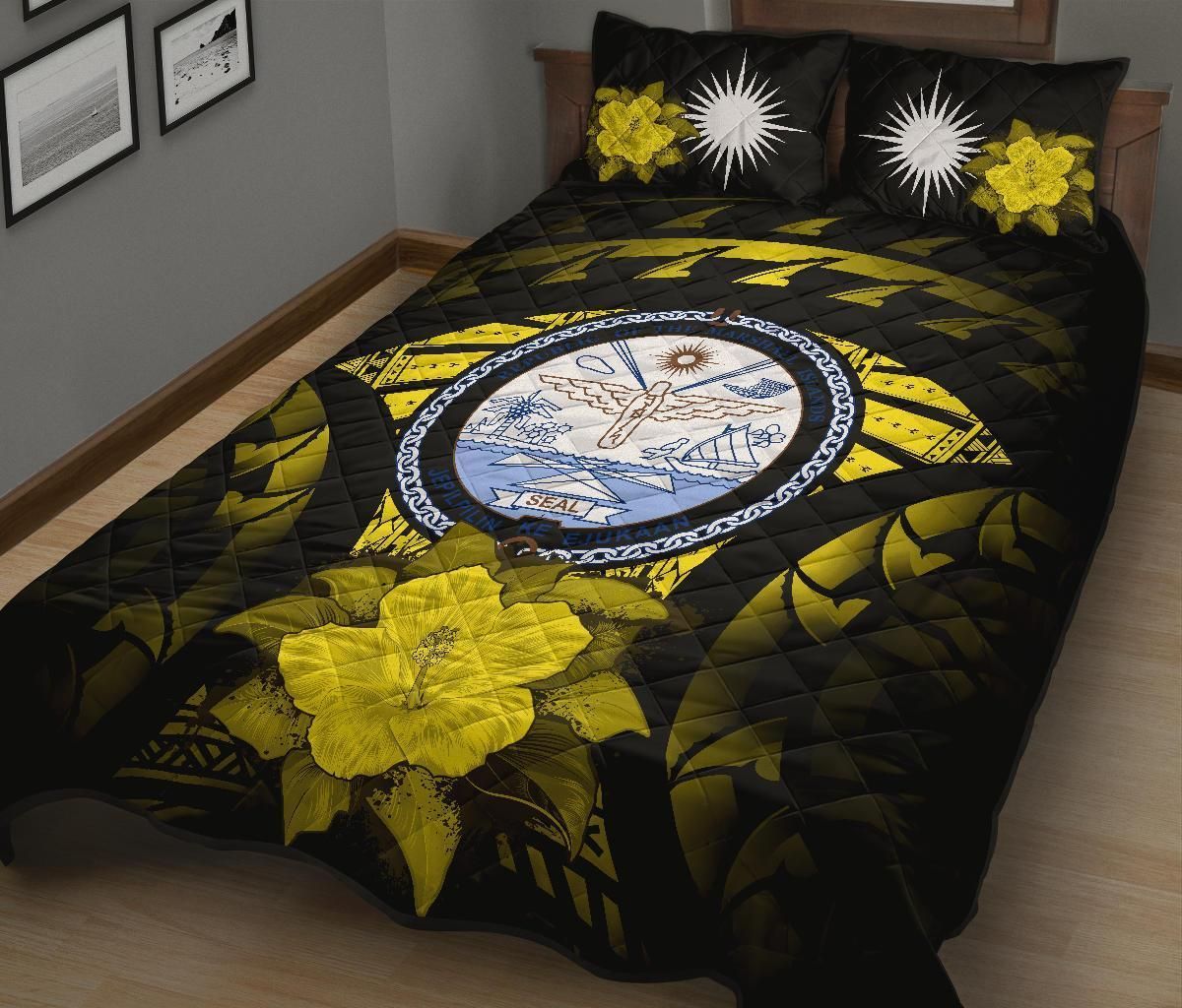 Marshall Islands Polynesian Quilt Bed Set Hibiscus Yellow