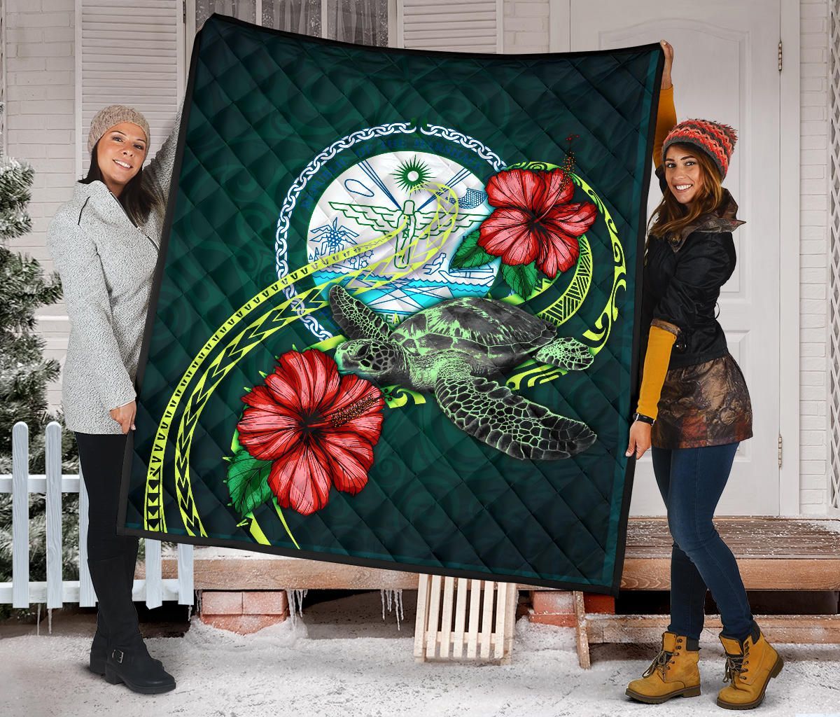 Marshall Polynesian Premium Quilt - Green Turtle Hibiscus