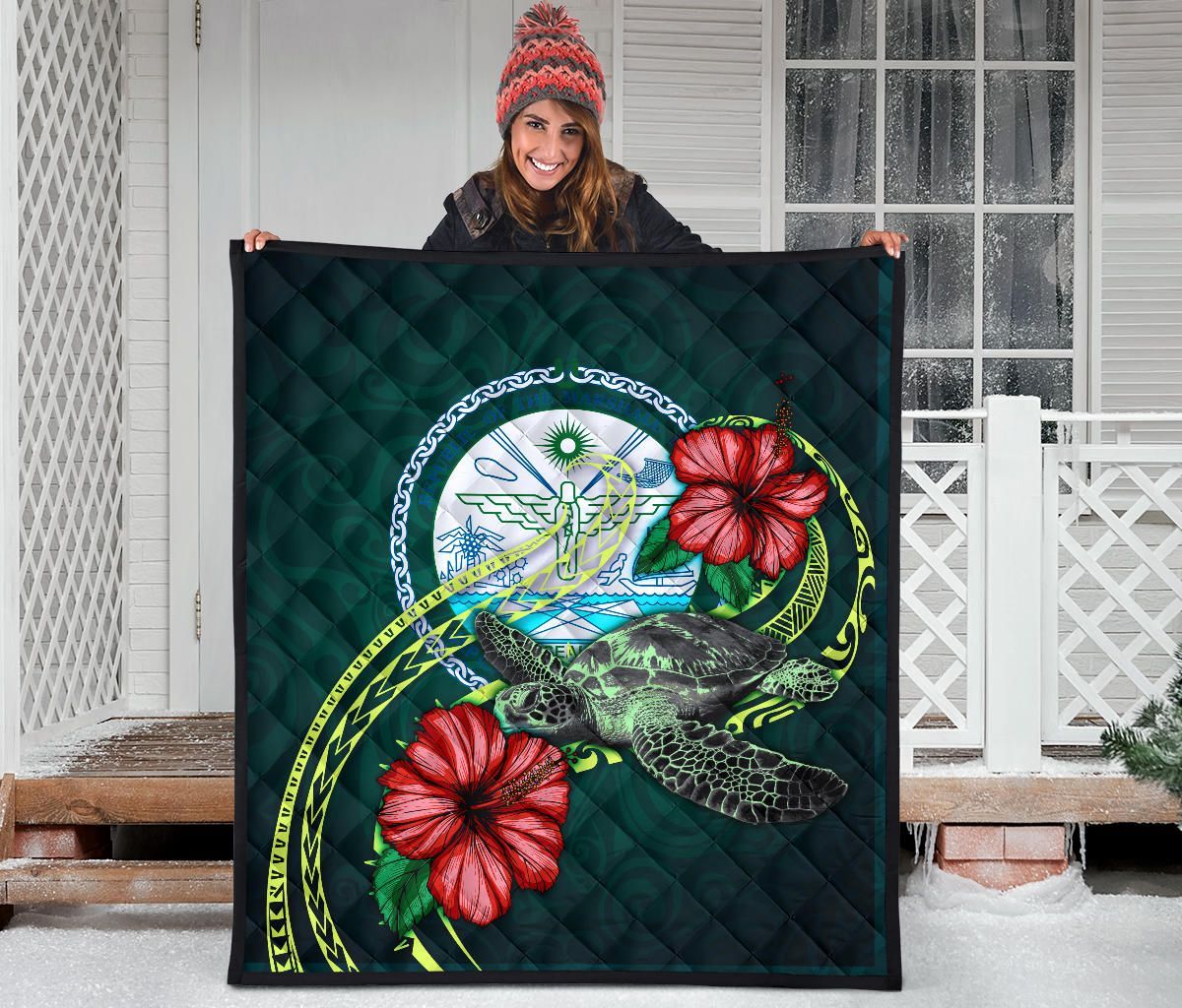 Marshall Polynesian Premium Quilt - Green Turtle Hibiscus