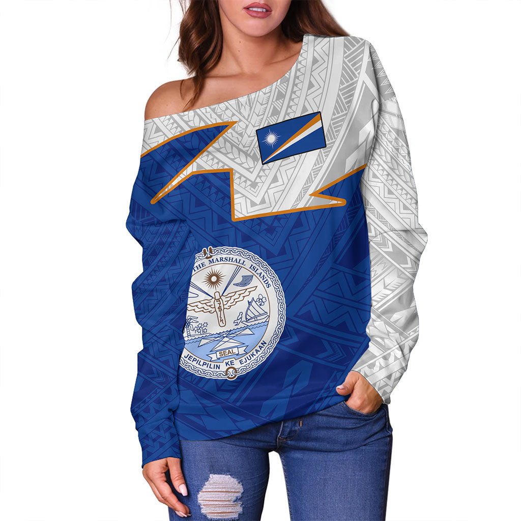 Marshall Islands Off Shoulder Sweatshirt Polynesian Tattoo Flag And Coat Of Arms