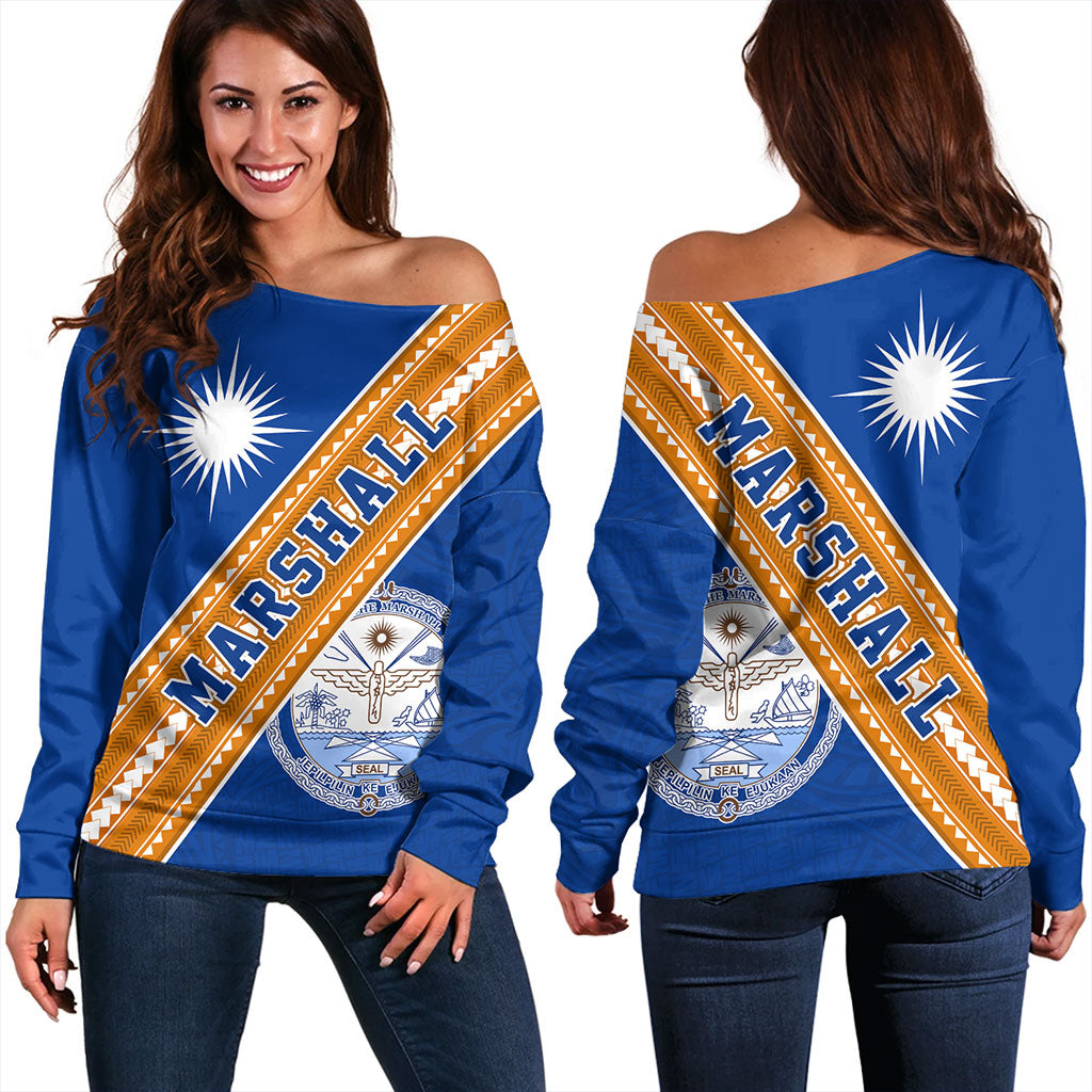 Marshall Islands Off Shoulder Sweatshirt Flag And Coat Of Arms