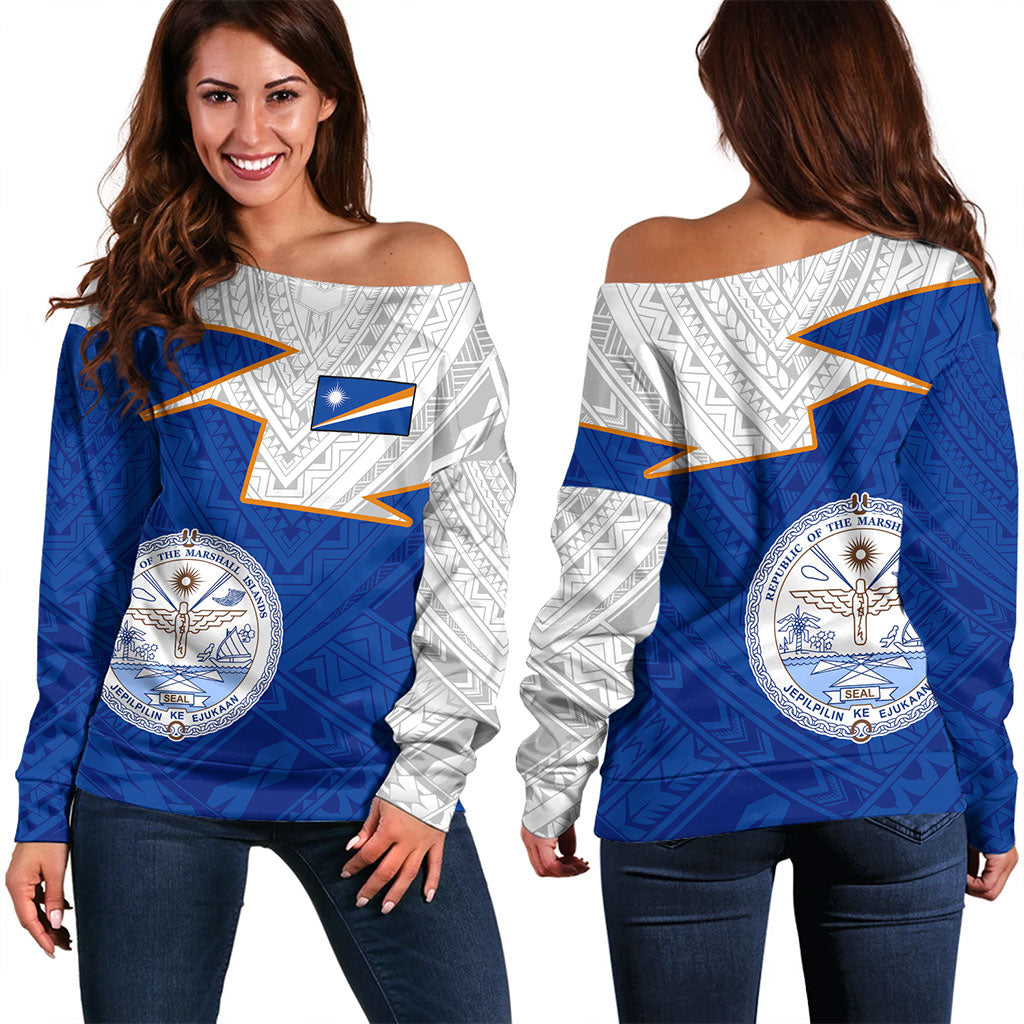 Marshall Islands Off Shoulder Sweatshirt Polynesian Tattoo Flag And Coat Of Arms