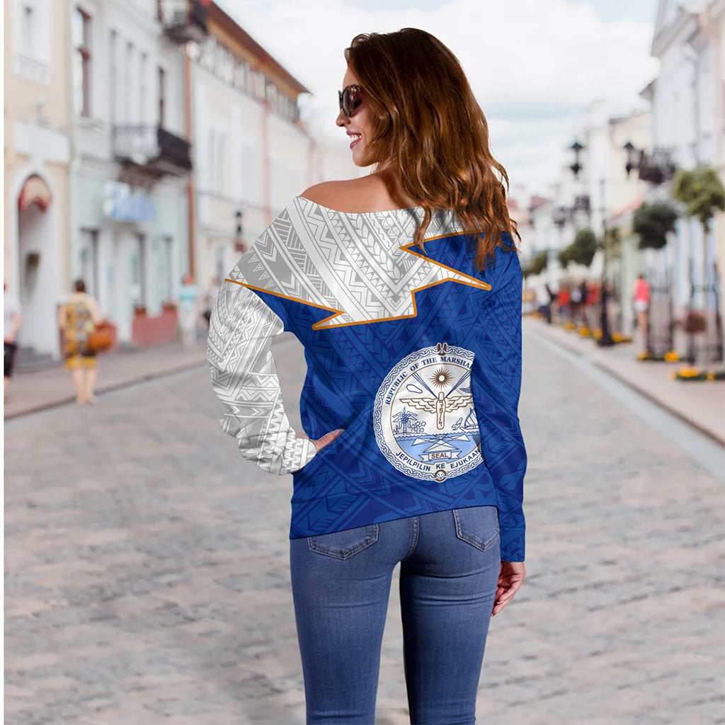 Marshall Islands Off Shoulder Sweatshirt Polynesian Tattoo Flag And Coat Of Arms