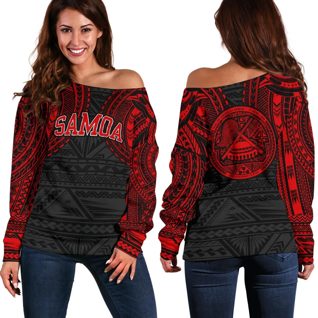 American Samoa Women Off Shoulder Sweater - Red Tattoo Version