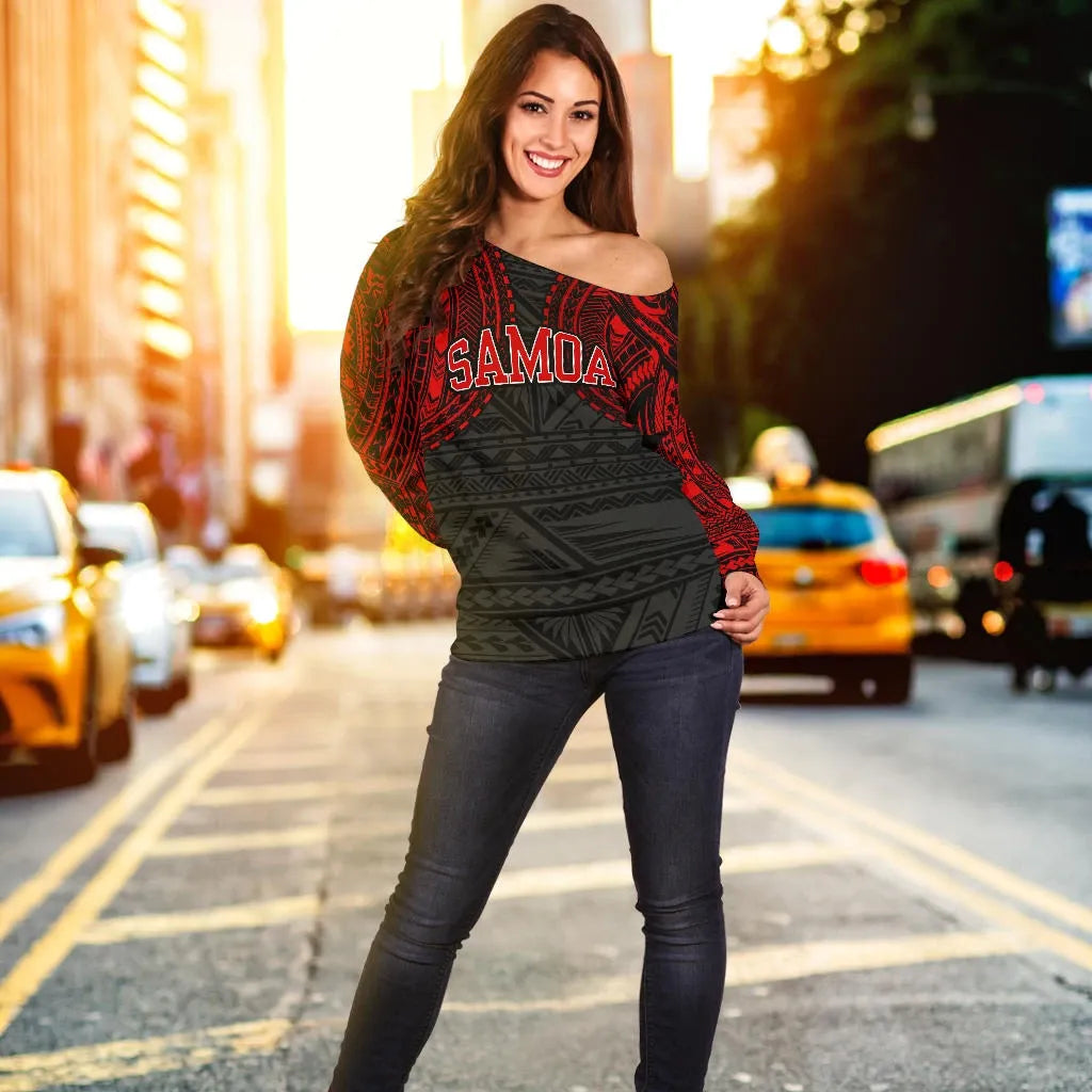American Samoa Women Off Shoulder Sweater - Red Tattoo Version