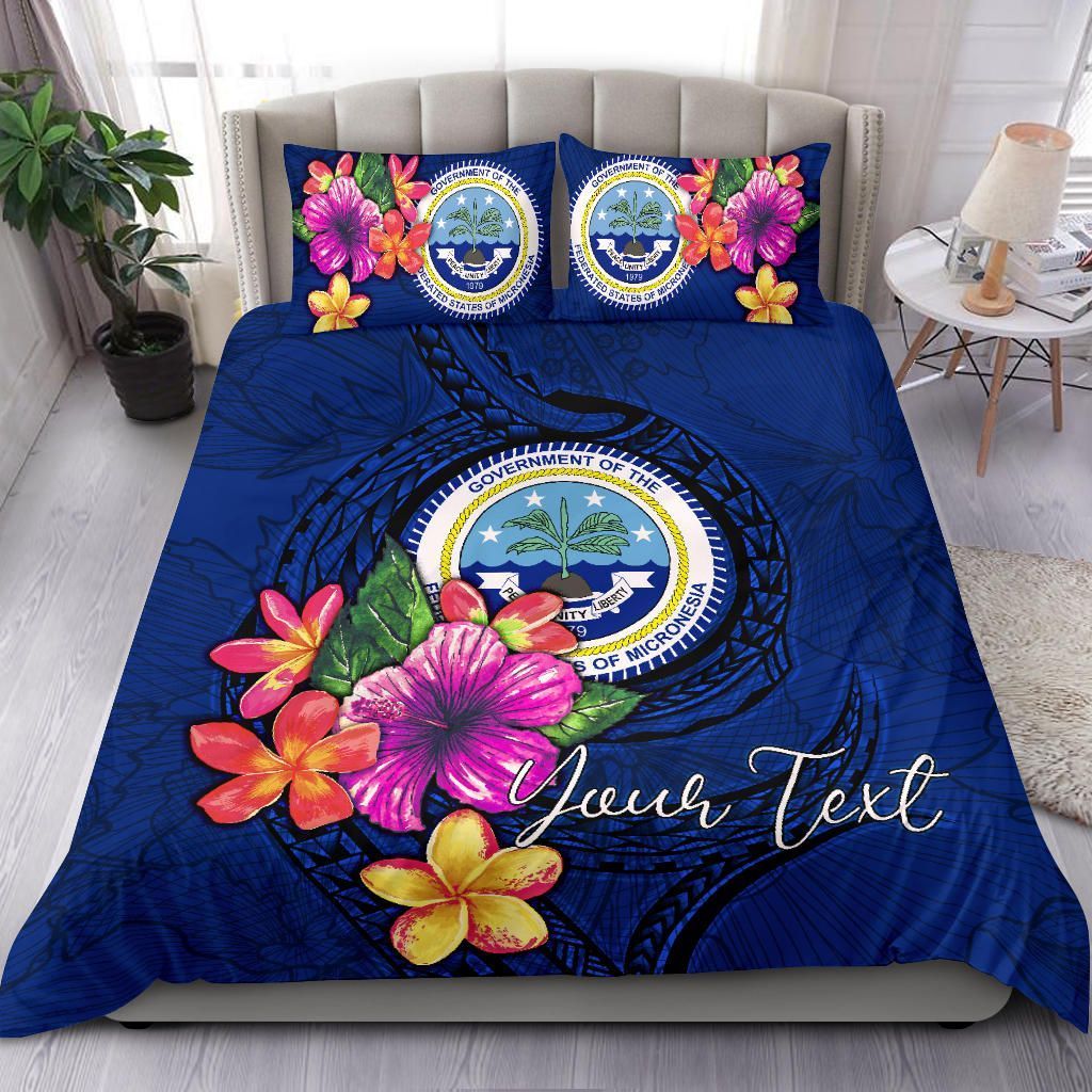 Micronesia Custom Personalised Bedding Set - Federated States Of Micronesia Duvet Cover Set Floral With Seal Blue