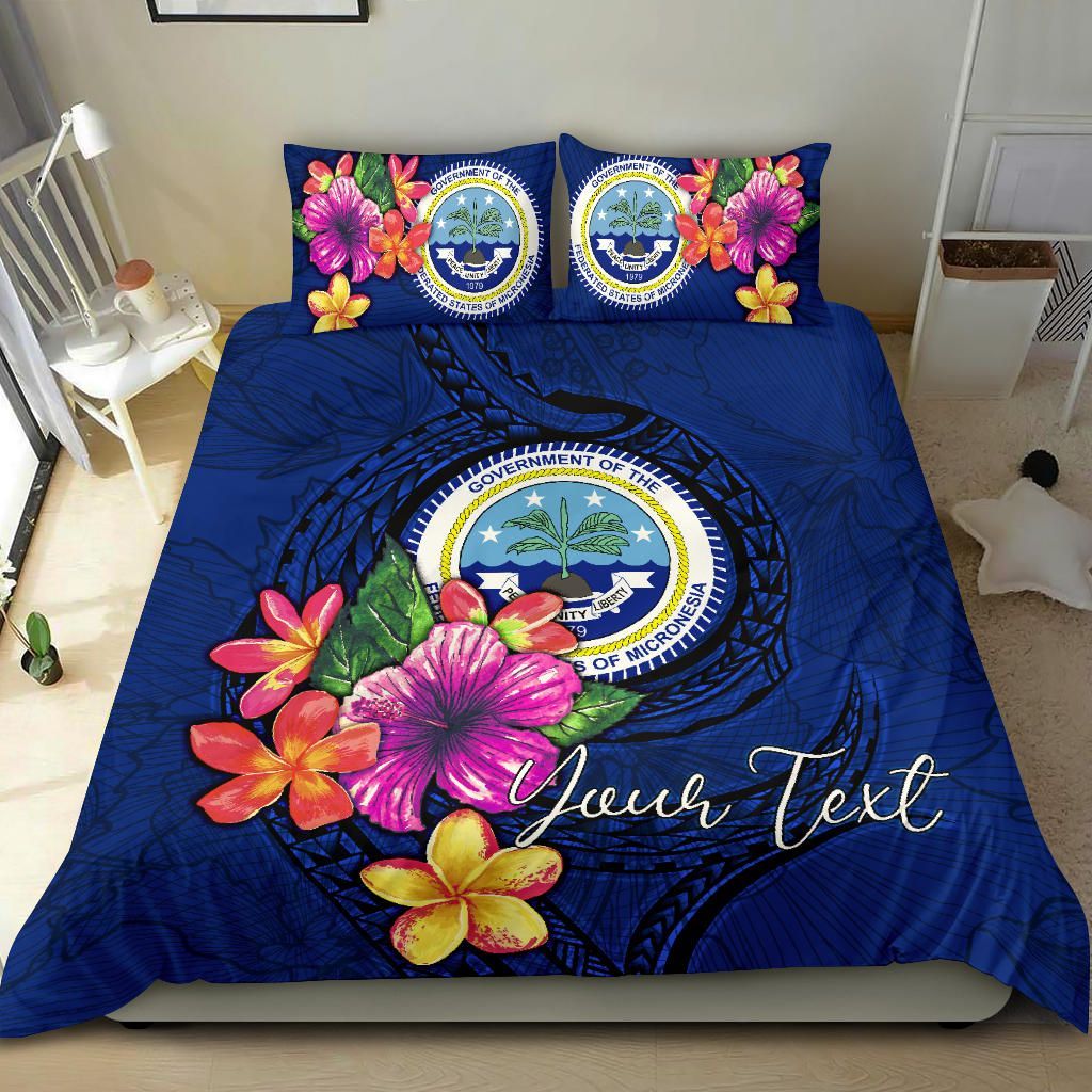 Micronesia Custom Personalised Bedding Set - Federated States Of Micronesia Duvet Cover Set Floral With Seal Blue
