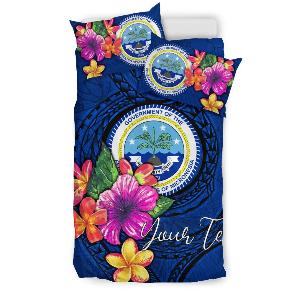Micronesia Custom Personalised Bedding Set - Federated States Of Micronesia Duvet Cover Set Floral With Seal Blue