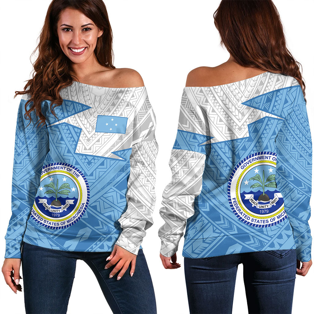 Federated States Of Micronesia Off Shoulder Sweatshirt Polynesian Tattoo Flag And Coat Of Arms