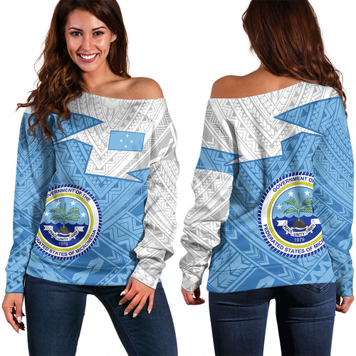 Federated States Of Micronesia Off Shoulder Sweatshirt Polynesian Tattoo Flag And Coat Of Arms