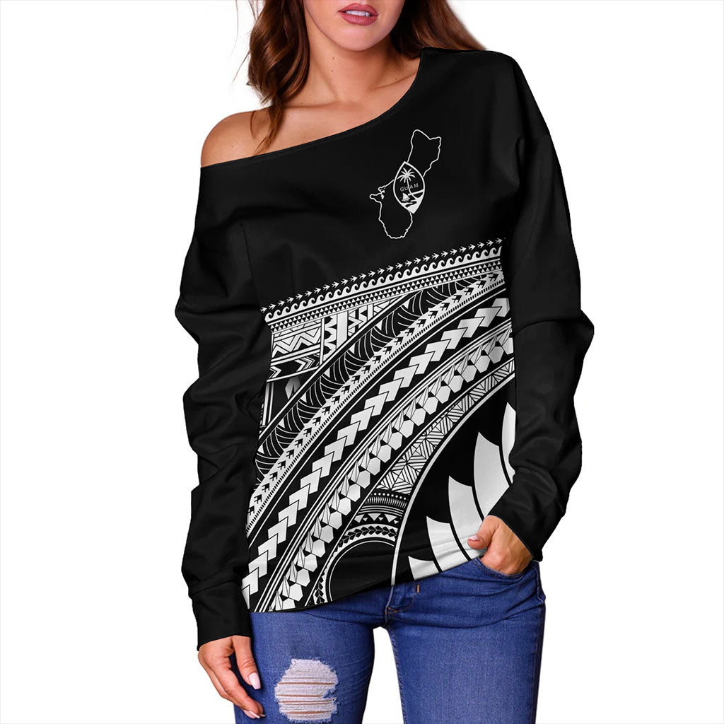 Guam Off Shoulder Sweatshirt Micronesian Map Tribal Style