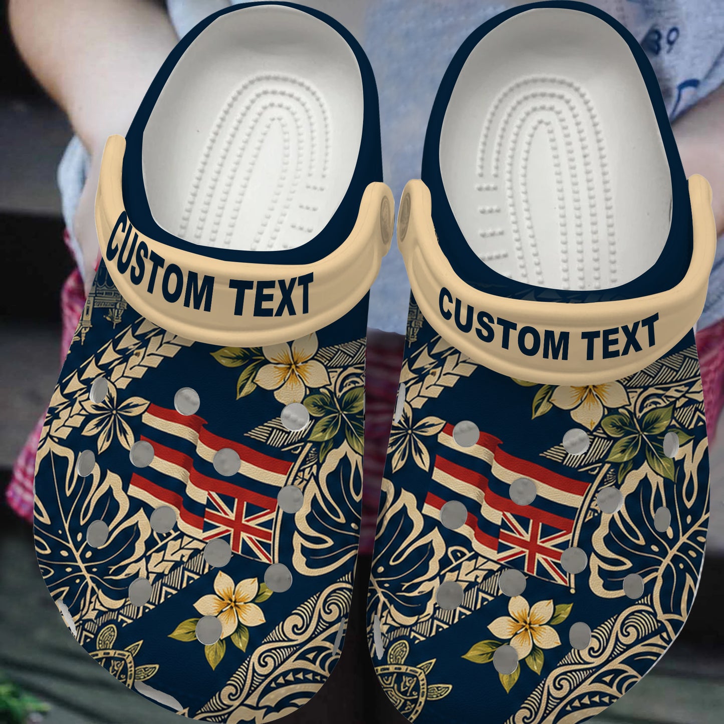 Hawaii Clogs Shoes Custom Text Polynesian Hawaiian Flag and Plumeria