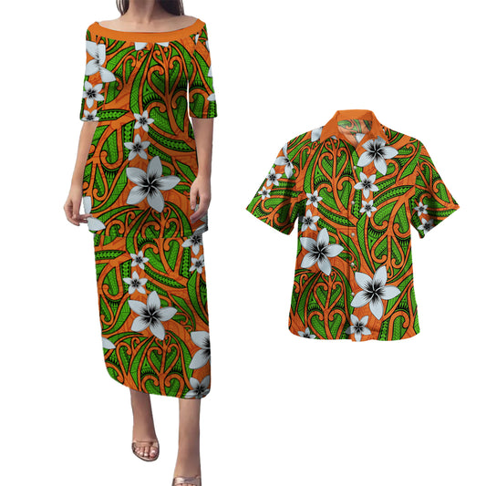 Hawaii Combo Puletasi And Shirt Maori Pattern Plumeria