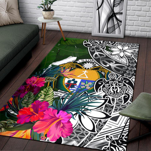 Nauru Area Rug White - Turtle Plumeria Banana Leaf Crest