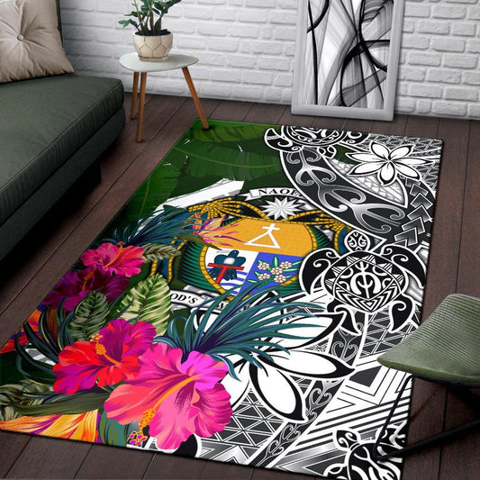 Nauru Area Rug White - Turtle Plumeria Banana Leaf Crest