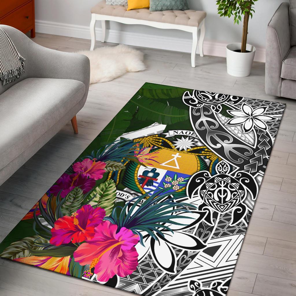 Nauru Area Rug White - Turtle Plumeria Banana Leaf Crest