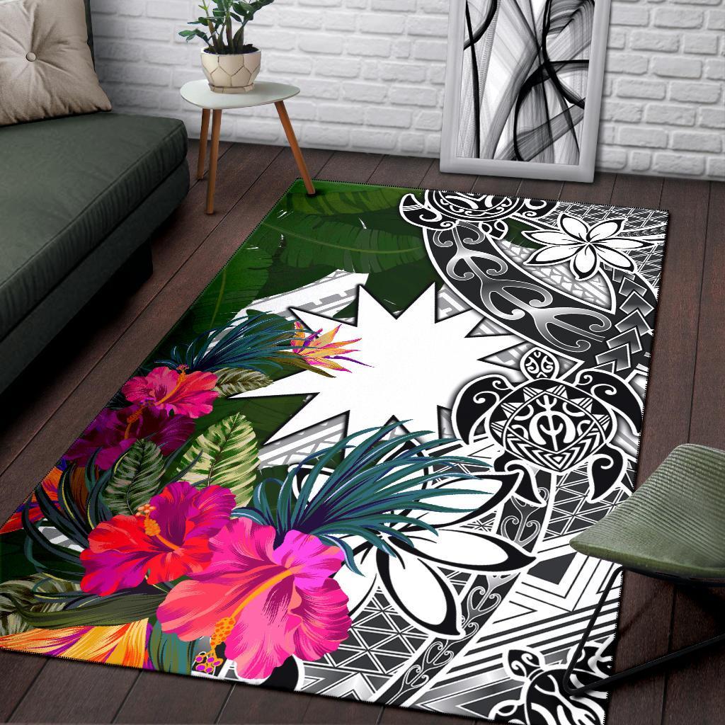 Nauru Area Rug White - Turtle Plumeria Banana Leaf