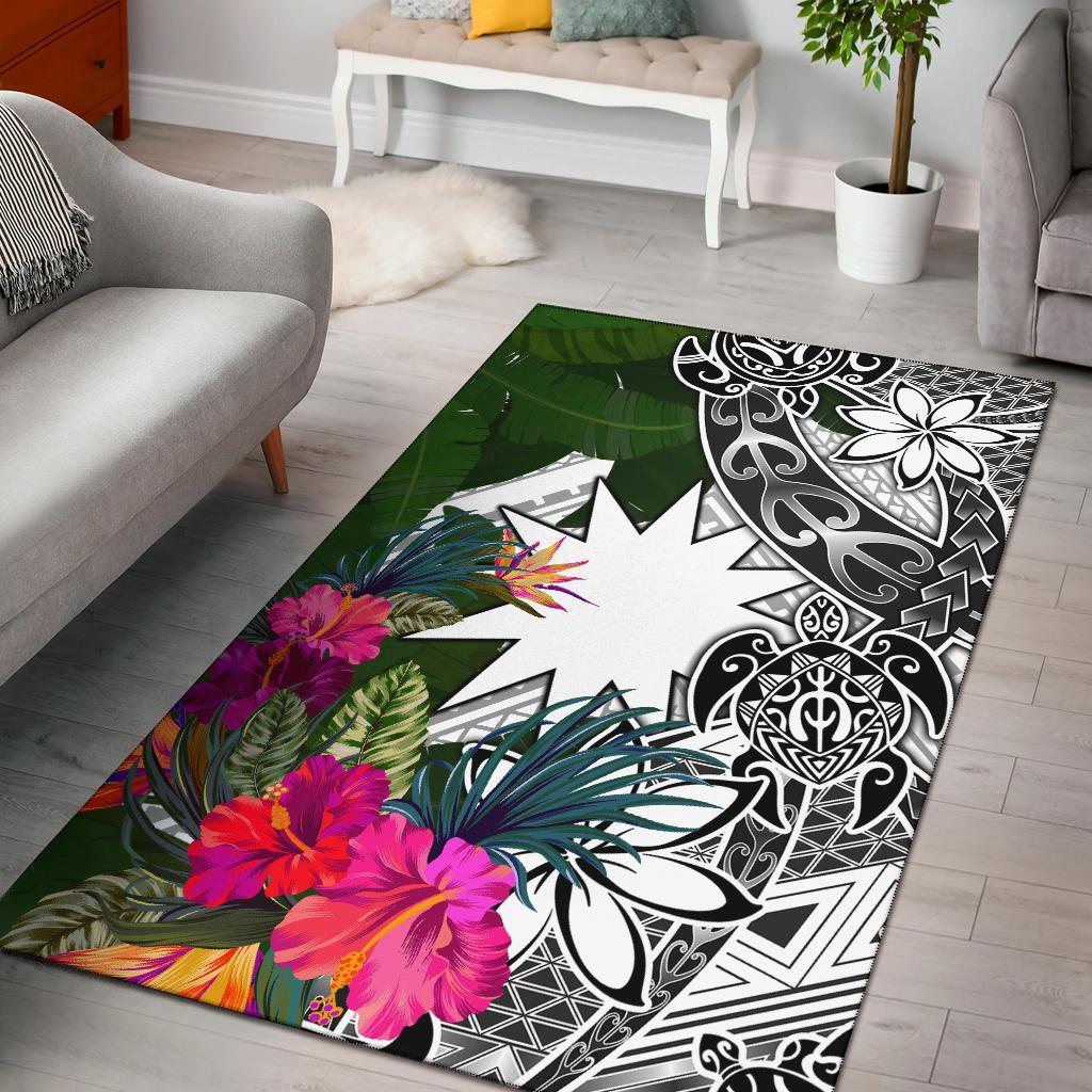 Nauru Area Rug White - Turtle Plumeria Banana Leaf