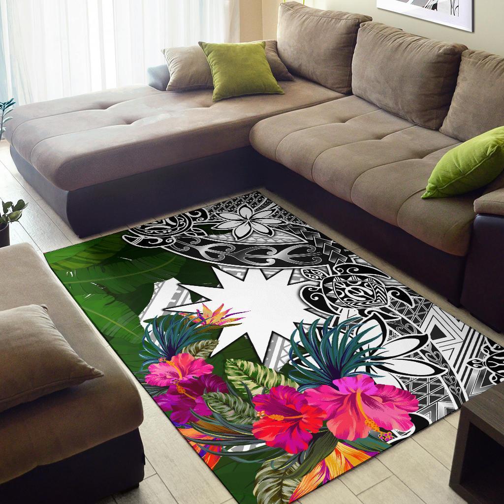Nauru Area Rug White - Turtle Plumeria Banana Leaf