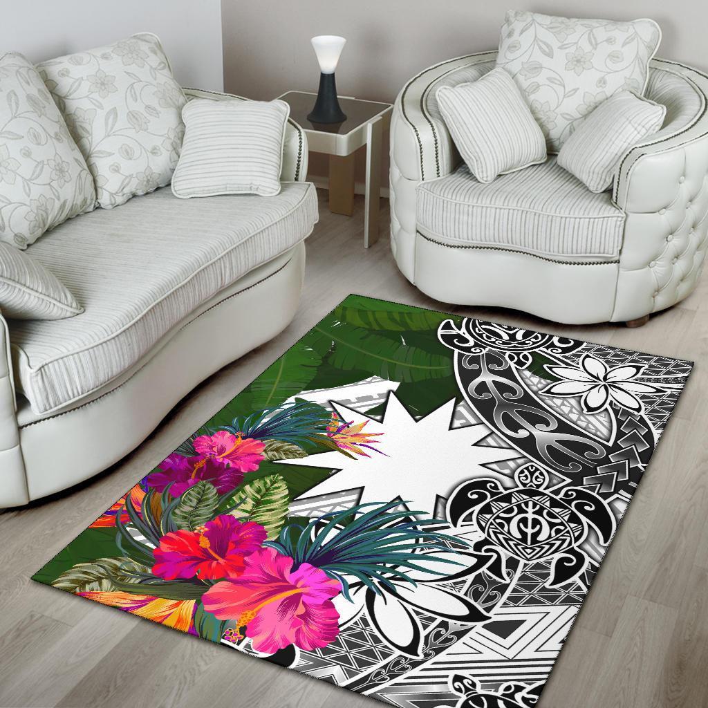 Nauru Area Rug White - Turtle Plumeria Banana Leaf