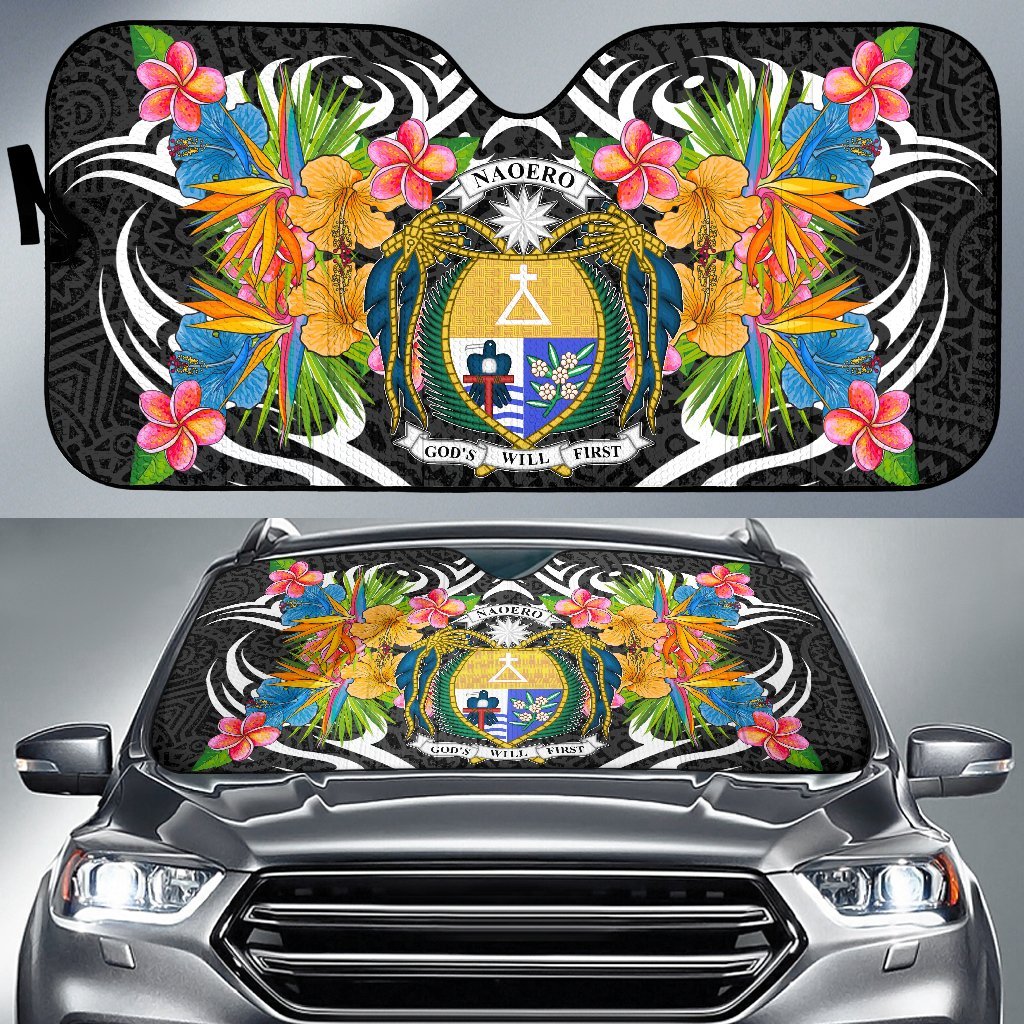 Nauru Auto Sun Shades - Coat Of Arms With Tropical Flowers