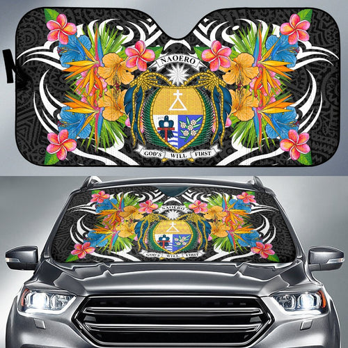 Nauru Auto Sun Shades - Coat Of Arms With Tropical Flowers