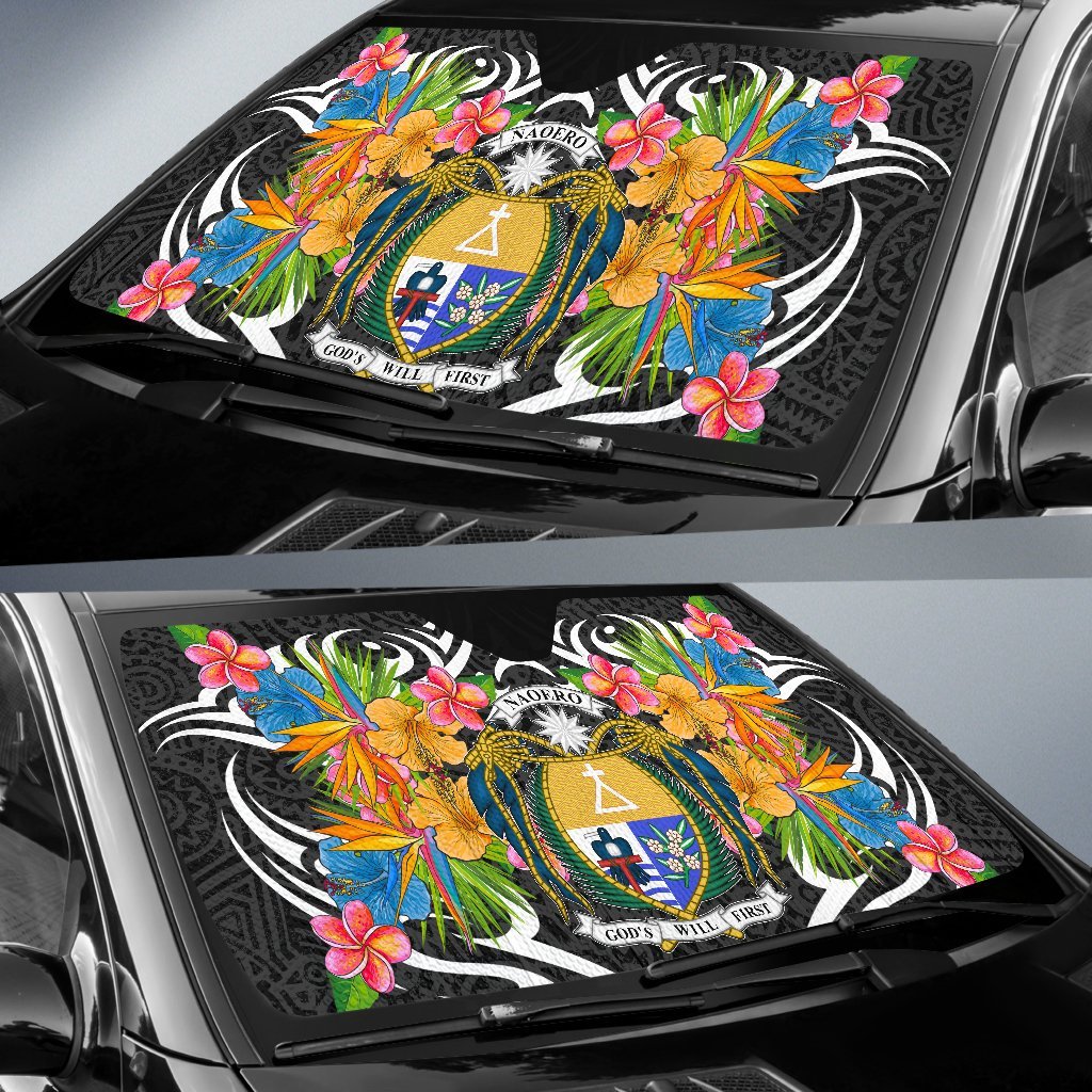 Nauru Auto Sun Shades - Coat Of Arms With Tropical Flowers