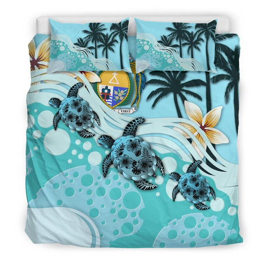 Polynesian Duvet Cover Set - Nauru Bedding Set Blue Turtle Hibiscus