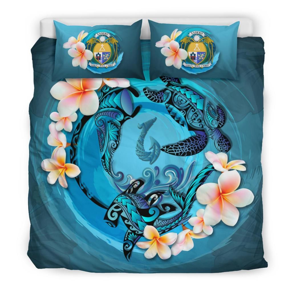 Polynesian Duvet Cover Set - Nauru Bedding Set Blue Plumeria Animal Tattoo