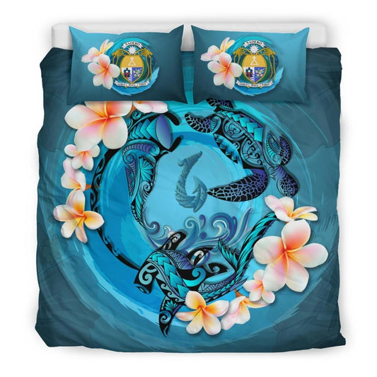 Polynesian Duvet Cover Set - Nauru Bedding Set Blue Plumeria Animal Tattoo