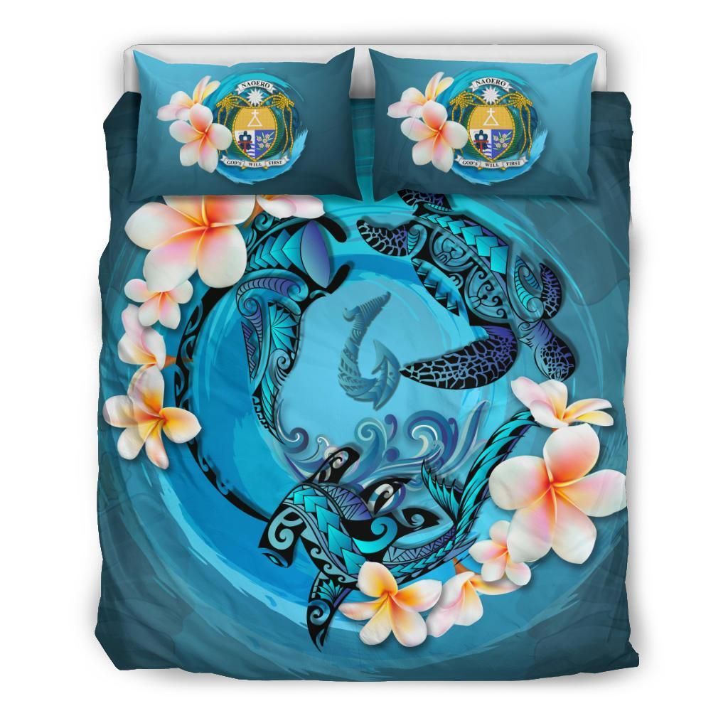 Polynesian Duvet Cover Set - Nauru Bedding Set Blue Plumeria Animal Tattoo