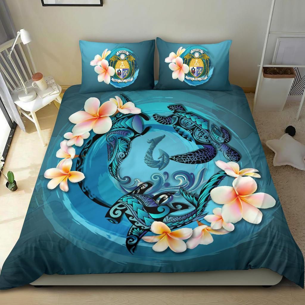 Polynesian Duvet Cover Set - Nauru Bedding Set Blue Plumeria Animal Tattoo