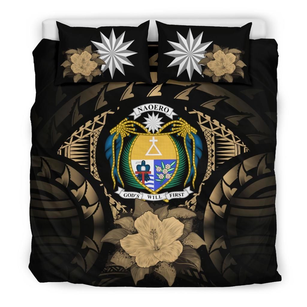 Nauru Duvet Cover Set - Nauru Coat Of Arms & Brown Hibiscus