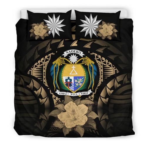 Nauru Duvet Cover Set - Nauru Coat Of Arms & Brown Hibiscus