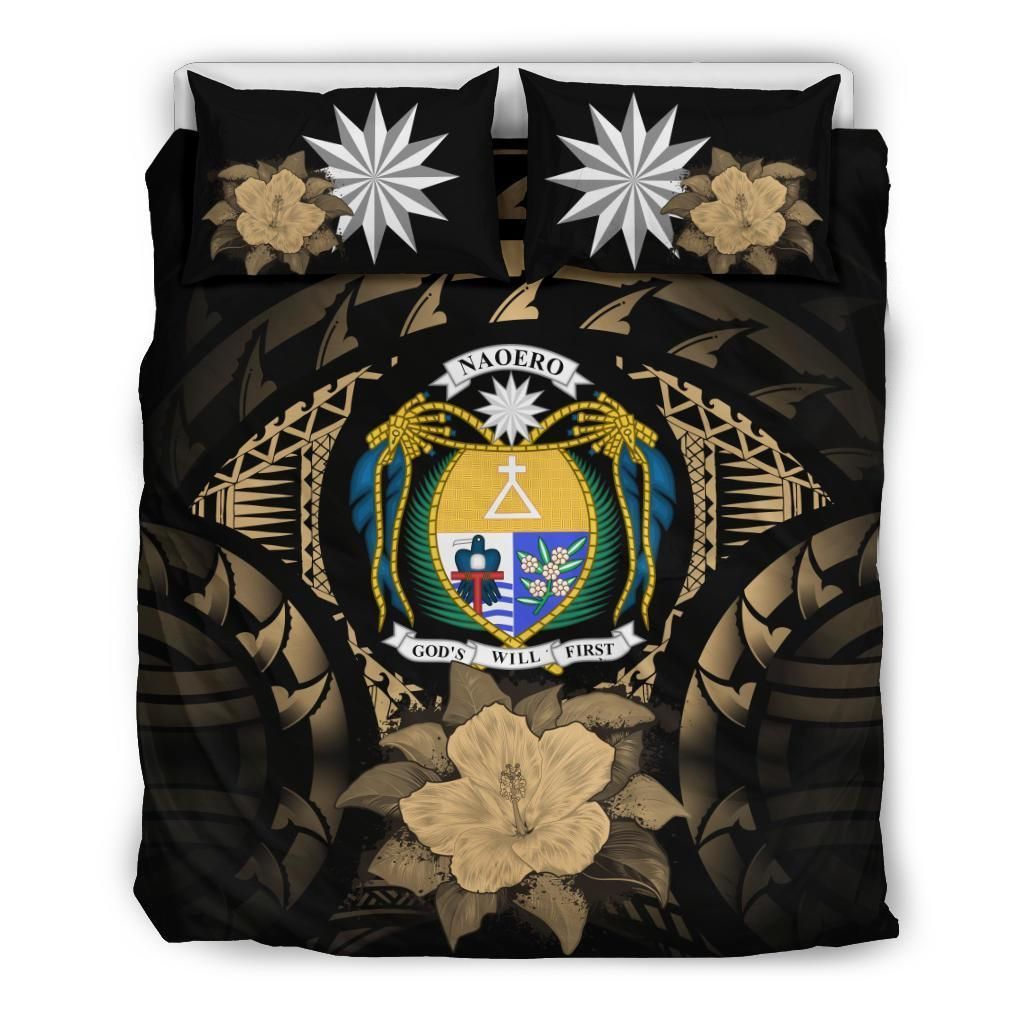 Nauru Duvet Cover Set - Nauru Coat Of Arms & Brown Hibiscus
