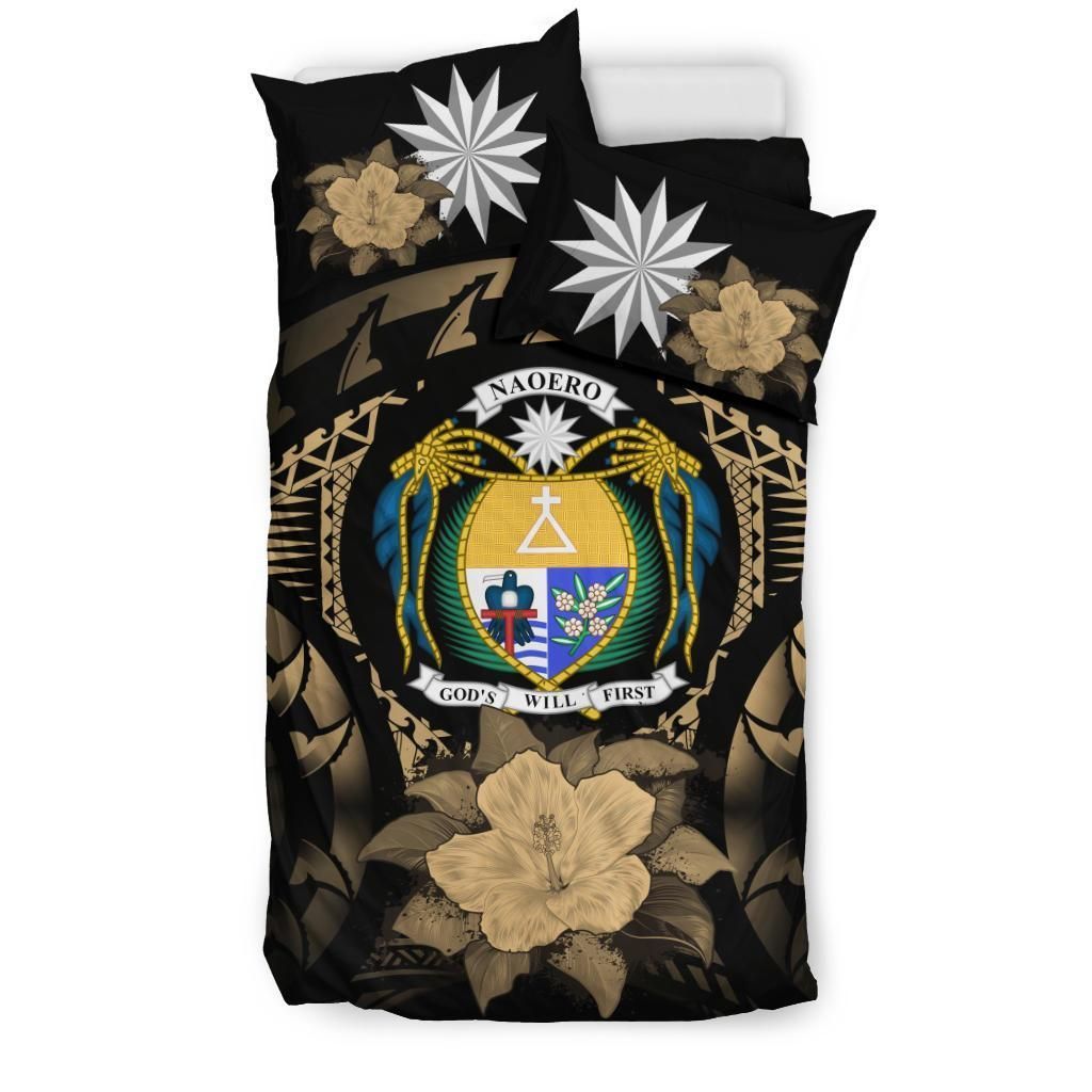 Nauru Duvet Cover Set - Nauru Coat Of Arms & Brown Hibiscus