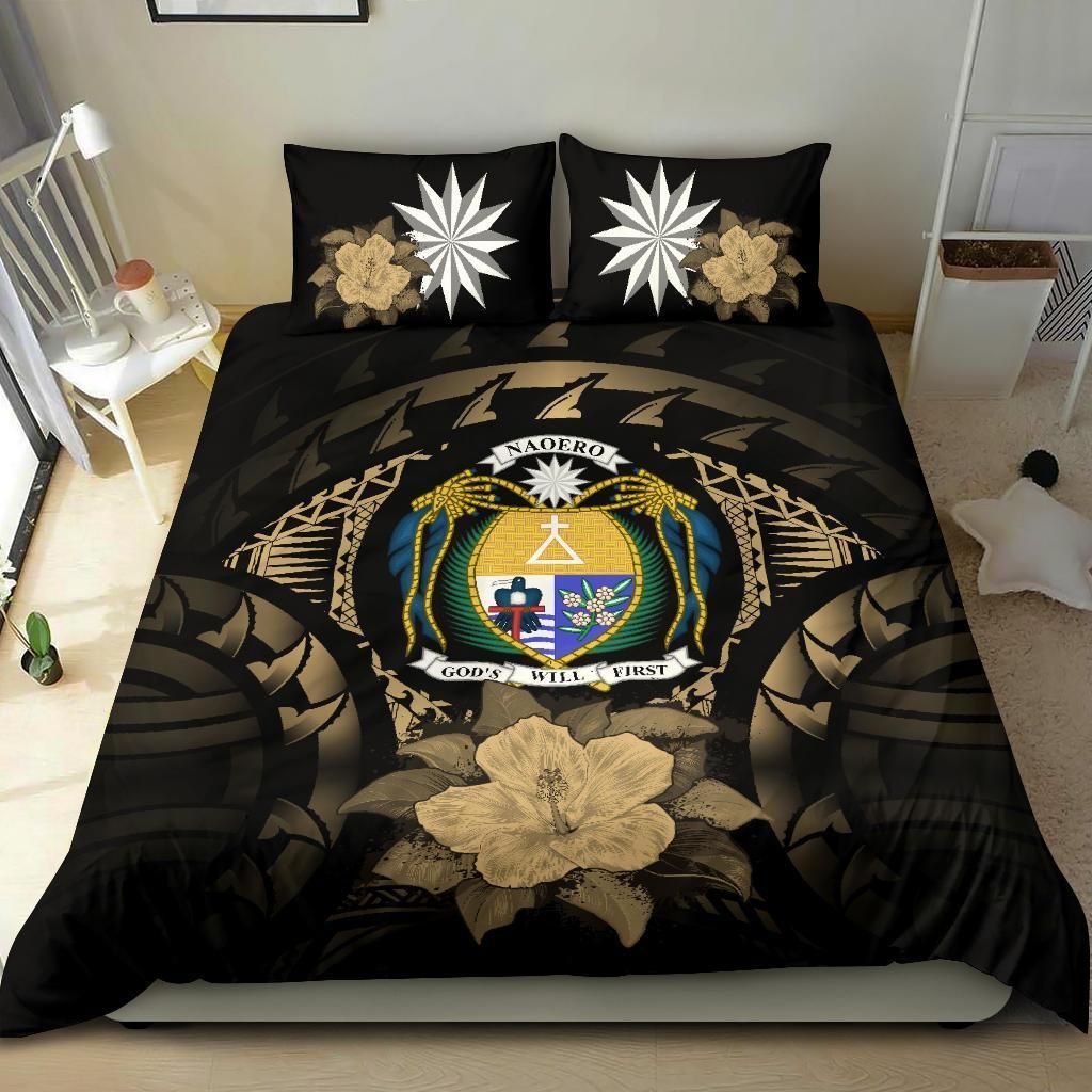 Nauru Duvet Cover Set - Nauru Coat Of Arms & Brown Hibiscus